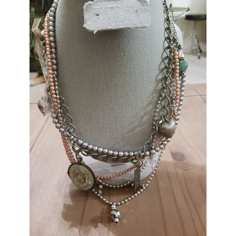Boho Multi Strand Cameo Heart Love Charm Necklace Silver Tone Faux Pearl Layered